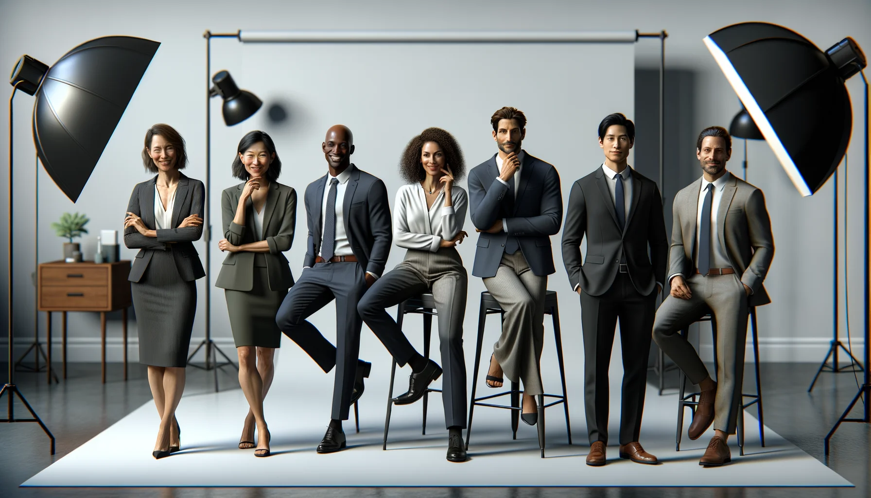 Professional business team at corporate photo booth with clean modern backdrop