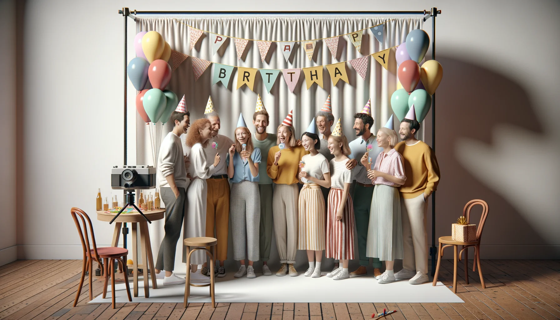 Simple birthday party with friends at photo booth, clean colorful backdrop with party hats and balloons