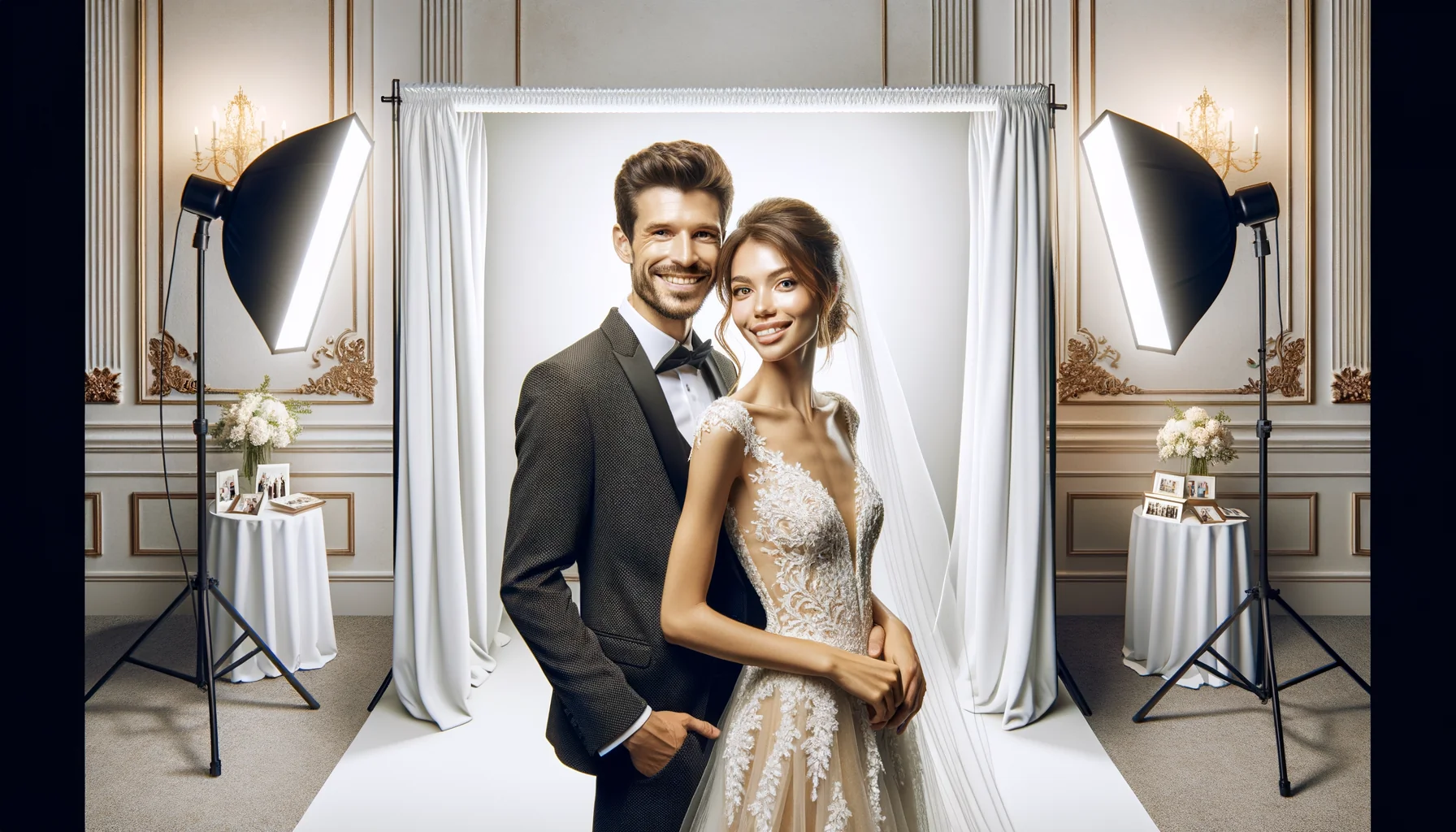 Elegant wedding couple at photo booth with clean white backdrop and professional lighting